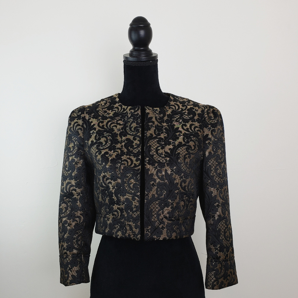 Loft Cropped Blazer Jacket Gold Black Size 6